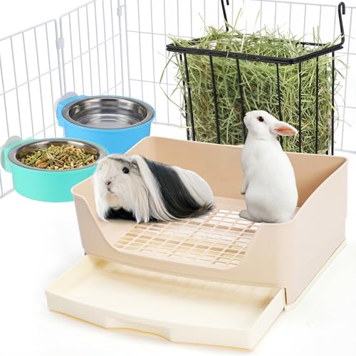 Leinuosen 4 Pcs 3 in 1 Rabbit Hay Feeder with Litter Box 2 Hanging Bowl,Rabbit Litter Box Metal Hay Rack Bunny Guinea Pig Hays Holder Bunny Bedding Toilet for Guinea Pig Chinchilla Other Small Animal - image 8