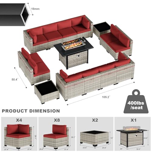 Image of Outdoor PE Wicker Rattan Modular Patio Sectional Sofa Set | 15-Piece: 12 Modular Seats, 2 Coffee Tables & 55,000 BTU Fire Pit Table, Red