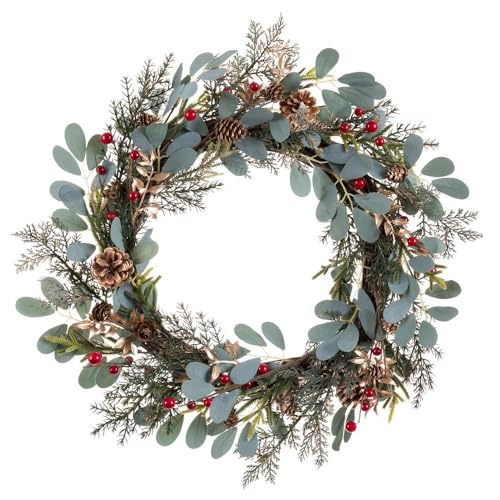 LOLAhome Corona de Navidad con Acebo, piñas y Hojas Verdes y Base de ratán de 55 cm
