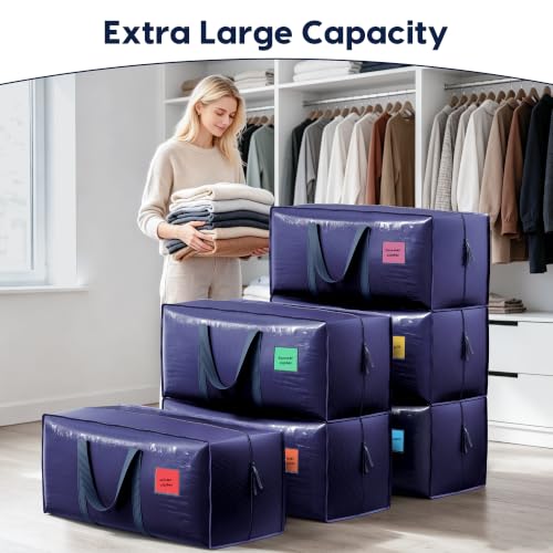 Image of 6 Pack Moving Bags Heavy Duty 210GSM with Full-Open Side Zipper, 93L 220lbs Waterproof Foldable Storage Totes for College Dorm Move-In, Moving Boxes Alternative & Home Organization, Blue