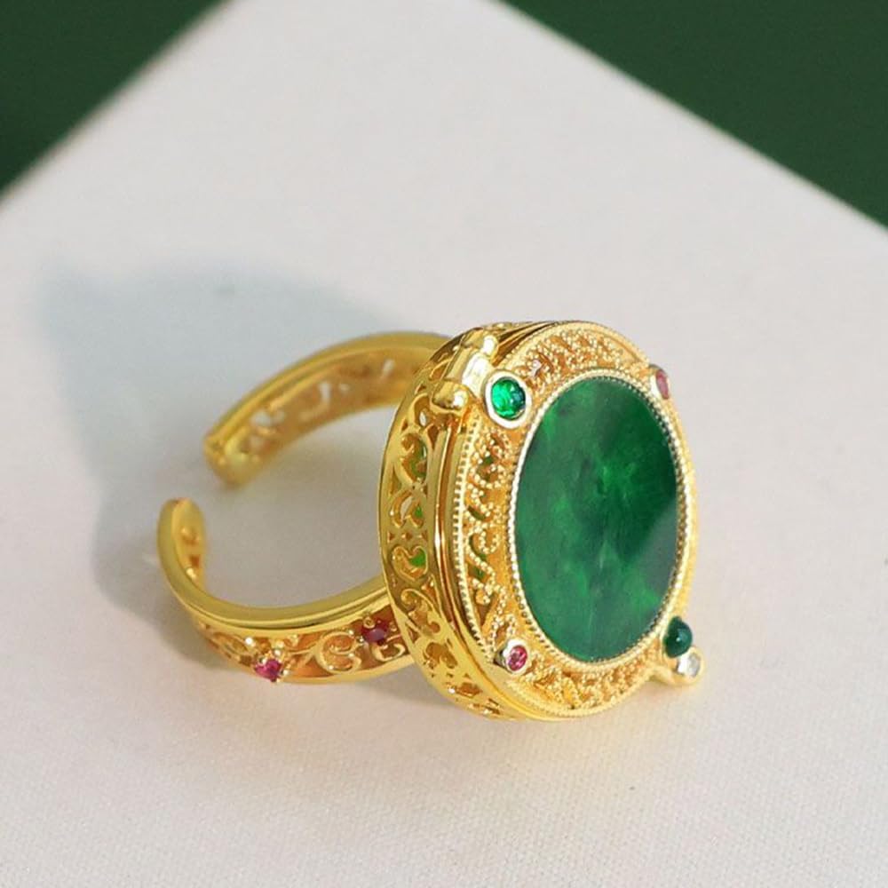 Natural Feng Shui Green Hetian Jade for Women Genuine Yoga Open Ring Incense Sachet U Box S925 Silver Gold Plated