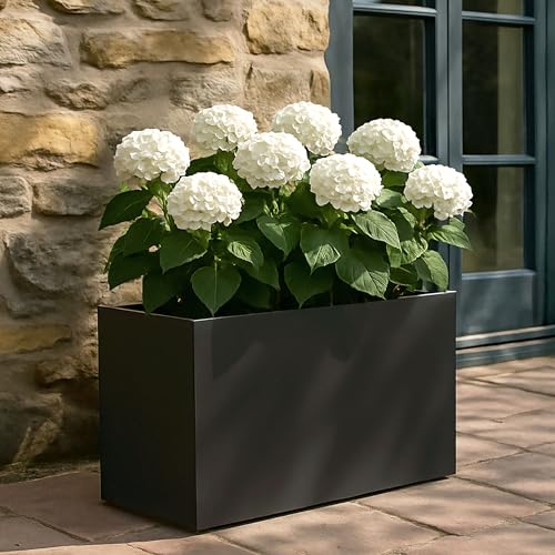IDEALIST 65cm Large Trough | Black Reinforced Stone Rectangle Plant Pot | Garden Planters with Drainage Holes L65 W19 H30 cm, 21 litres