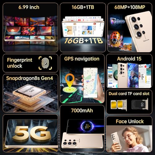Image of SZV 26 Ultra Unlocked Cell Phone,16+1TB 5G Unlocked Phone, Built in Pen Android 15 Battery 7000mAh 6.99 inch HD Screen Smartphone, Dual SIM /Face ID /Fingerprint Lock /GPS (Gold, 16+1TB)