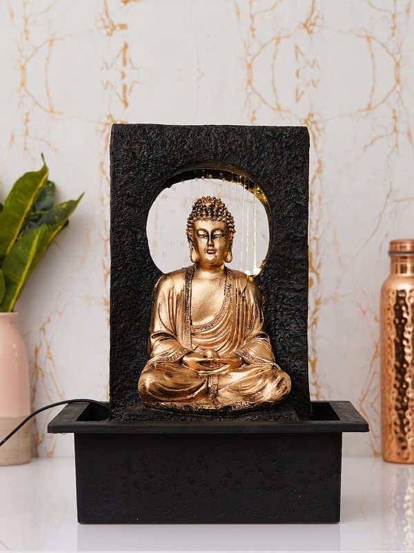 Image of Polyresin Table Top Golden Brown Meditating Buddha Indoor Waterfall Fountain for Home Decor with Yellow LED Lights, Speed Controller Pump (Size: 38 x 22 x 29.5CM | Weight: 2120grm)