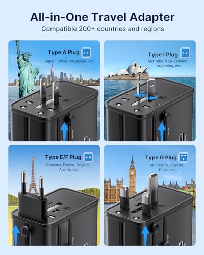Image of VINTAR 70W GaN Universal Travel Adapter, 5 in 1 with 3 USB-C PD& 1 USB-A QC | International Power Adapter, GaN Fast Charging with Compact Design, All-in-One Travel Essentials for UK /EU /US /AUS, Black