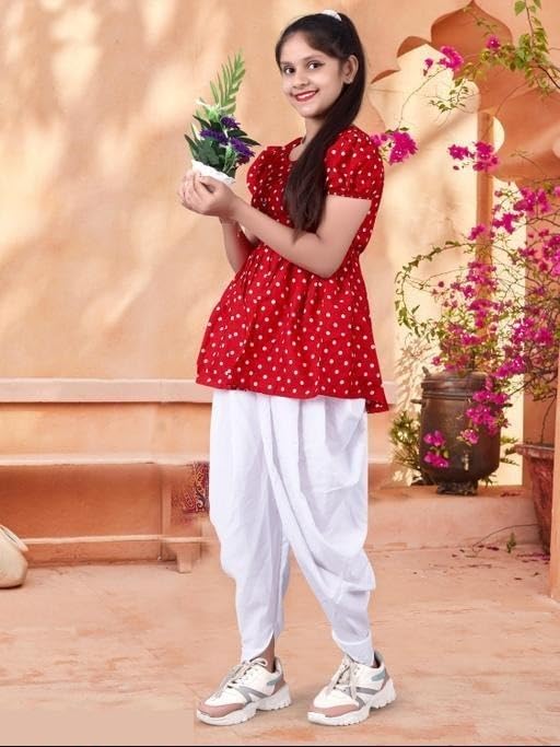 Image of N K Enterprises Kids Printed Short Kurti and Dhoti Pants Set | Festive for Girls