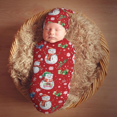 Image of Red Christmas Snowman Swaddle Blanket with Beanie Hat Set Newborn Swaddle Wrap Soft Baby Receiving Blankets Baby Swaddle Blanket for Baby Boys and Girls