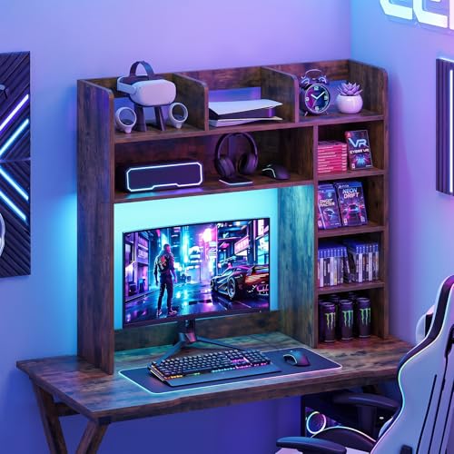 Image of Tangkula Desktop Bookshelf with LED Lights, Desk Hutch with 8 Shelves for Max 25 inch Monitor, Desktop 5-Tier Display Rack, Multipurpose Wood Desktop Storage Hutch Organizer for Dorm Office Home