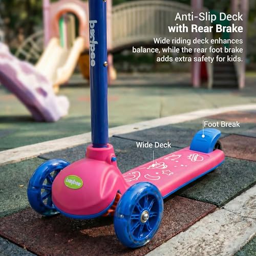 Image of Baybee Rydon Kids Scooter with 3 Height Adjustments | Portable Kick Scooter with PU LED Lights & Rear Brake | 3 Wheel Skating Scooter | Runner Scooter for Kids 2 to 10 Years Boys Girls (Pink)
