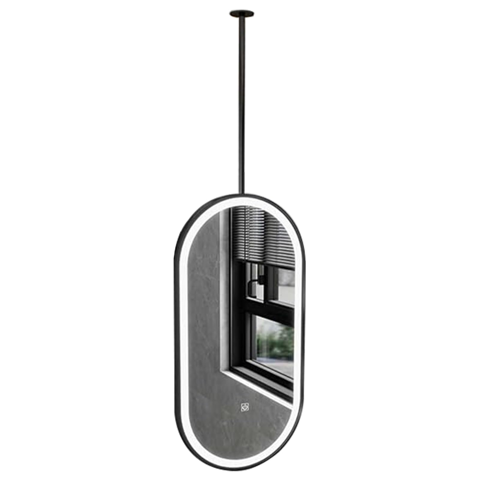 MESOVFCA Oval Mirror with LED Light Ceiling Mounted Hanging Pole Mirrors, Black Metal Frame Bathroom Makeup Mirrors - 3 Colors Dimmable Light(50cmx100cm)