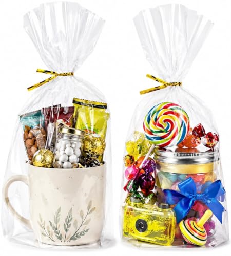 Cellophane Bags 8x11 100 Pack Clear gift bags with Bottom Gusset 1.5 Mil Thick BPA-Free Plastic Treat Bags with 100 Gold Twist Ties - Premium Cello Bags for Gifts Candies Cookies & Party Favors Naxlif