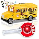 PlenPLAY Yellow School Bus Toy with Crossing Guard Stop Sign - Friction Powered 1/12 Scale School Bus with 4 Simulated Sounds and Lights, Back and Side Doors Open, Great Gift for Toddlers Preschoolers