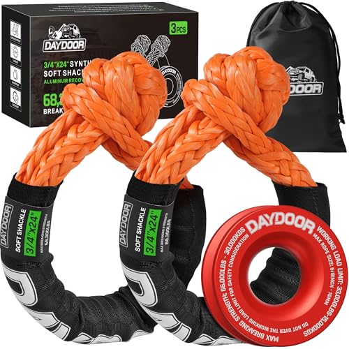 Image of DAYDOOR 68,300 LBS Soft Shackle Recovery Kit, 3 /4 inch x 24 inch (2-Pack) with 7075 Aluminum Snatch Ring, Winch Accessory for Ford F250 /F350, Ram 2500 /3500, Heavy Tractor & Full-Size Trucks(Orange)