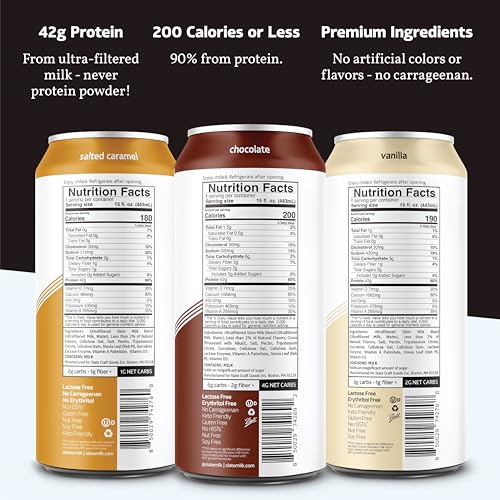 Image of Slate Milk - Ultra Protein Shake - Sweet & Salty Pack - Chocolate, Vanilla, Salted Caramel - 42g Protein, 2g Sugar, 200 Calories, 4g Net Carbs - Lactose Free, No Added Sugar - 15 fl oz, 12 Cans