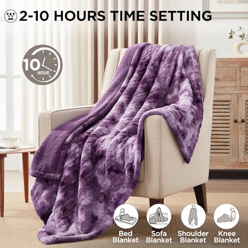 Image of Westinghouse Electric Heated Throw Blanket, Faux Fur with 6 Heating Levels & Auto Off, Soft Cozy Sherpa Washable Blanket (50 inch x 60 inch, Purple)