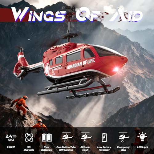 DEERC Remote Control Helicopter, Rescue RC Helicopter Toy with LED Lights, 2 Batteries, Altitude Hold & 2.4GHz Stable Control, Realistic Rescue Design, Ideal Gift for Kids and Adults