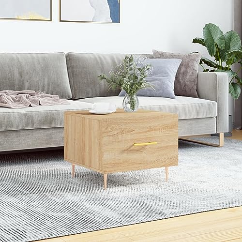 HETFTJN Couchtisch Sonoma-Eiche 50x50x40 cm Holzwerkstoff mit Schublade - Stilvoller Beistelltisch für Wohnzimmer mit Eisenbeinen - Robuster Stauraum für Deko & Alltag