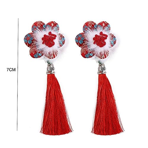 Fermaglio Per Capelli In Stile Cinese Con Fiore E Nappa, Ornamento Per Capelli Rosso Per Capodanno - 2