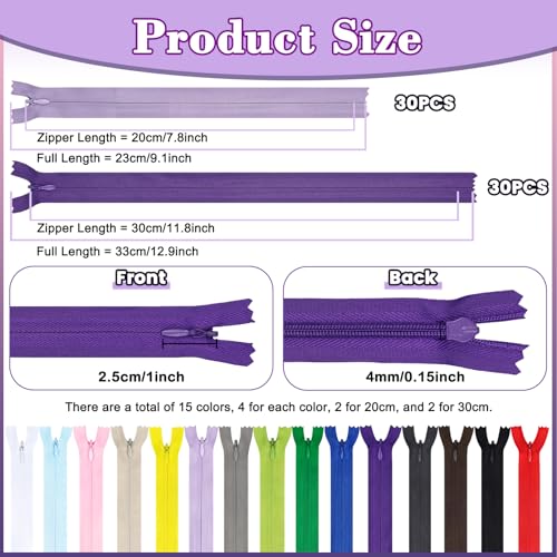 Image of Invisible Zipper, DOITEM 60pcs 8 Inch 12 Inch Invisible Multicolor Nylon Coil Zippers for Sewing and Crafts 15 Colors