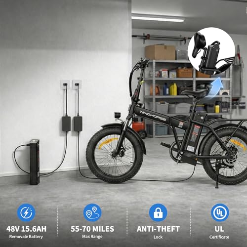 Image of Foldable Electric Bike for Adults with 20-inch Fat Tire, Suspension | 48V 15.6Ah Removable UL Battery, 40-70 Miles & 20 MPH, Peak 983W, 7-Speed, Rear Rack, ideal for Commuting & Outdoor Use