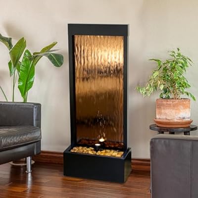 Alpine Corporation 48" Tall Indoor/Outdoor Mirror Zen Waterfall Fountain with Stones and Lights, Bronze