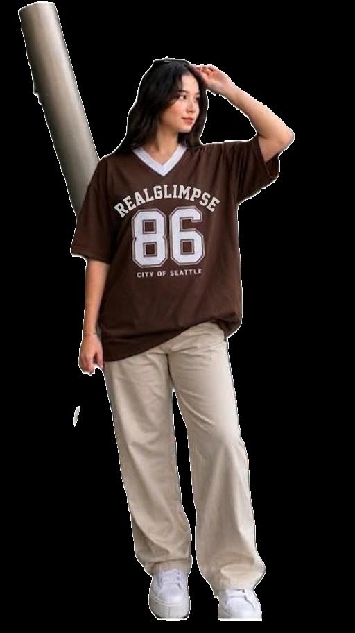 Image of Women Oversized V Neck T-Shirt | Number Graphic Printed Casual Tee | Cotton Blend Y2K Street Fashion Top