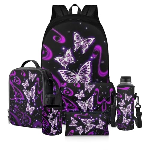 Zainetto per la scuola per bambini isolato portapranzo astuccio per matite e libri Farfalla viola. Zaino per