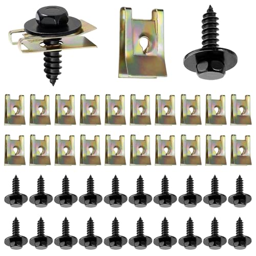 AROMUJOY 40 Stück Blechmutter Schraube Mutter Clip Kit, 20 Sätze Karosserieschrauben Set Metall, U-Typ Blechmuttern Blechschrauben, Karosserie Klemmen Schnappmutter Set für Stoßstangen,Kotflügeln
