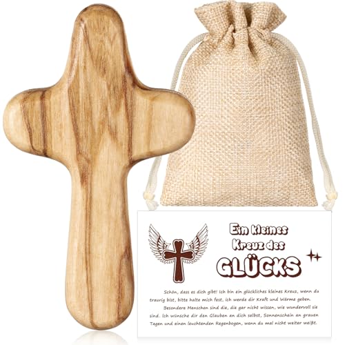 BBTO Kreuz aus Olivenholz Handgefertigtes Prüfung Glücksbringer Kreuz Handschmeichler Kruzifix Geschenk mit Beutel und Karte Gebet Christliches Geschenk für Familie Freunde Patient Taufe Kommunion