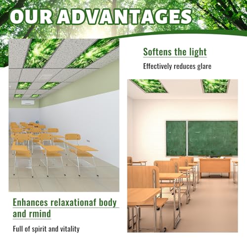 Image of Hortsun 4 Pack 4 x 2 Feet Fluorescent Light Covers, Magnetic Light Filters for Classroom Ceiling, Decorative Lights Shade for Office Home Hospital(Forest)