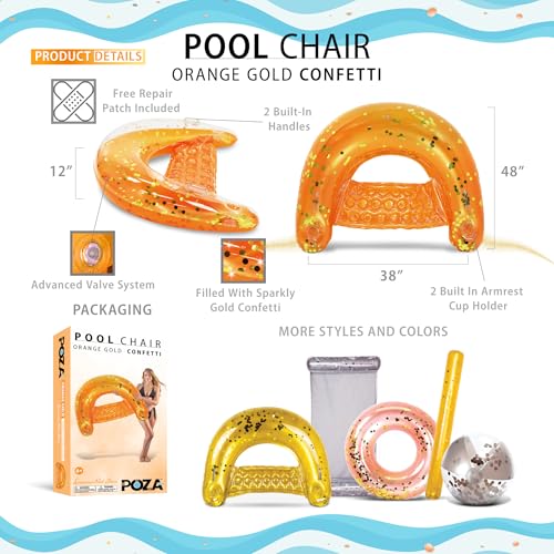 Image of POZA Inflatable Pool Float Chair - Luxurious Lounger Filled with Sparkle Confetti, 2 Built in Cup Holders & Handles, Water Floating Chair for Beach, Lake & Swimming Pool - 48 x 38 Inch