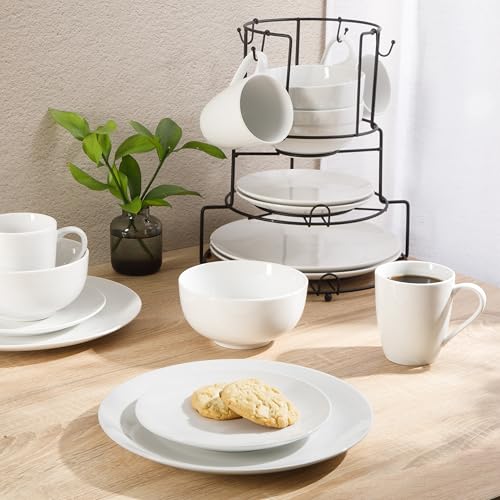 Image of Gibson Home Summit View 17-Piece Porcelain Plates and Bowls Set W /Metal Rack - Plates, Bowls & Mugs Dinnerware Set for 4 - White