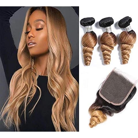 YanT HAIR 8A Grade Brazilian Virgin Hair Human Hair Weave Bundles Loose Wave 16 18 20 with 14" Free Part 4X4 Lace Closure Ombre Color T1b/27(Dark Root with Honey Blond Color) Cover