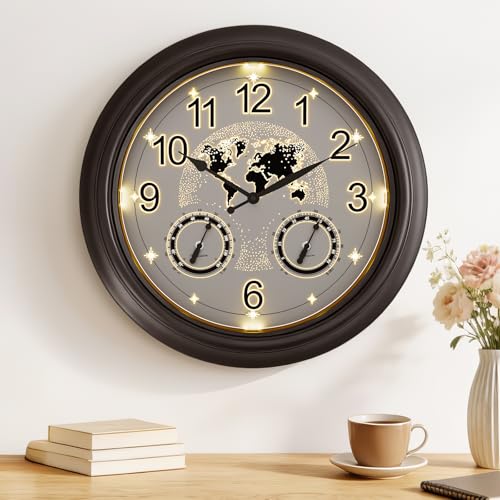 Orologio da Parete da Esterno Illuminato 45 cm (18 Pollici), Orologio da Giardino Impermeabile con Sensore Notturno, Mappa del Mondo con Termometro e Igrometro per Giardino e Patio