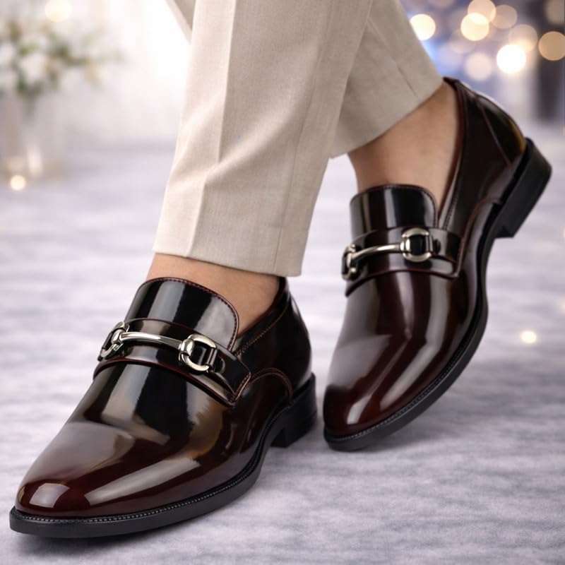 Image of FAUSTO Men Horsebit Buckle Patent Leather Party Formal Slip On Shoes | Extra Cushioned Insole Tuxedo Loafers for Wedding, Reception, Cocktail