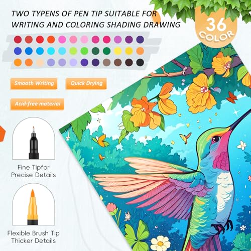 Image of 3Pcs Adult Coloring Book for Women Relaxation, 36 Colors Markers with Spiral Bound Adult Coloring Book for Women, 36 Dual Tip Colors Markers, Anxiety Relief Mindfulness Gifts(Ocean & Bird & Butterfly)