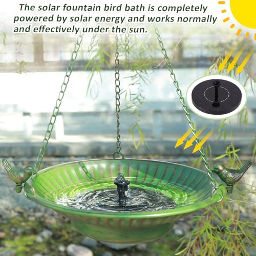 Image of 13 inch Hanging Bird Bath with Solar Fountain,Metal Solar Bird Bath (Green) | Hanging Solar Bird Bath,Birdbath Bubbler ,Hanging Bird Bath for Outdoors Garden, Patio & Yard.