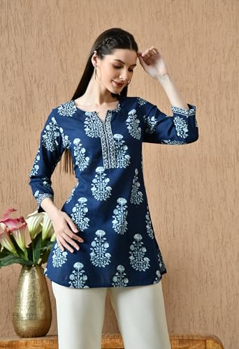 Image of Amazon Brand - Tavasya Women Floral Printed Round Neck Pure Cotton Regular Fit Kurti | Everyday & Office Wear Kurta | Modern Ethnic Top