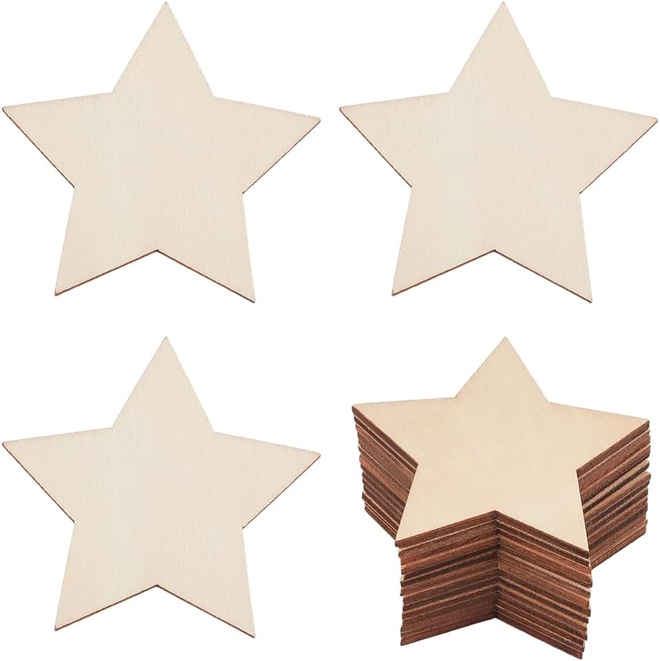 50Pcs 3 Inch Wooden Stars Unfinished Wood Embellishments Star Shaped Craft Cutouts Natural Material Slices Ornaments for DIY Painting Supplies Wedding Birthday Party Home Festival Decoration