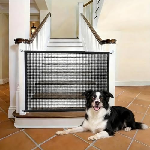 Dog Gate, 110x72cm Mesh Stair Gate for Dogs And Baby Gate Portable Indoor Dog Gates With 6 Hooks, No Drilling Installation