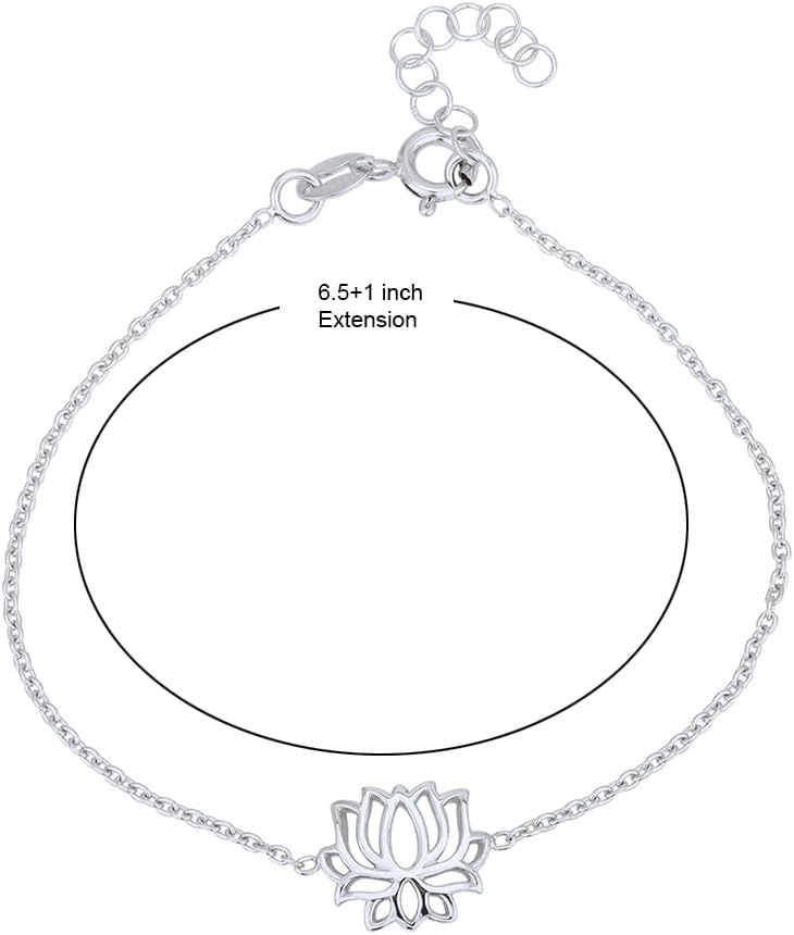 Vanbelle Sterling Silver Jewelry - Rhodium Plated with 925 Stamp - Blossomed Lotus Flower Charm Bracelet - Handcrafted for Women - 6.5" long + 1" extender