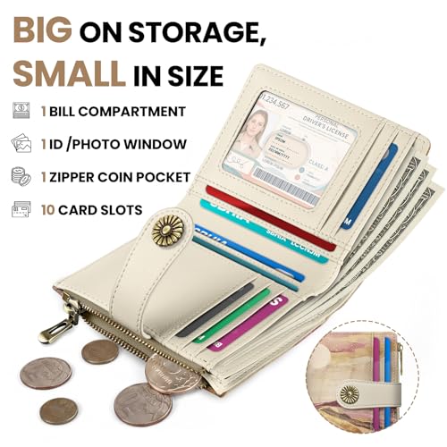 Image of Small Wallet for Women, RFID Blocking Bifold Card Holder Wallet with 10 Card Slots, Cash Compartment, Zipper Coin Pocket & ID Window, Cute Soft Vegan Leather Compact Wallet, Landscape
