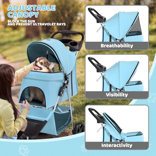 Image of Magshion 3-Wheel Pet Stroller, Foldable Travel Jogger for Small & Medium Dogs & Cats (Up to 33lbs), Lightweight Carrier with Breathable Mesh Cover, Cup Holder & Storage Basket, Mint Green