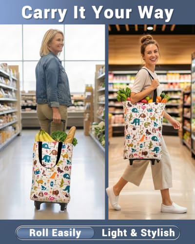 Image of Rolling Shopping Bag, Small Shopping Cart with Wheels,Collapsible Portable Waterproof Tote for Market & Grocery Runs-Gift for Women & Seniors(Cartoon)