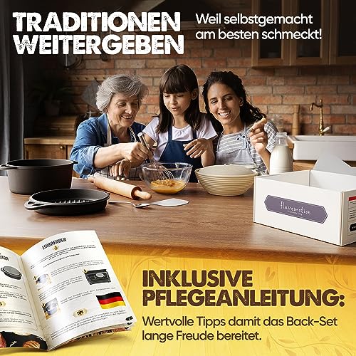 Foto von Gusseisen Topf Brotbackform mit Gärkorb & Bäckermesser- 26cm Schmortopf Gusseiserner mit Deckel, Gusseisentopf Brot Backen Brottopf Bräter, Brotbacktopf, Dutch Oven Töpfe Gusseisenpfanne Kochtopf