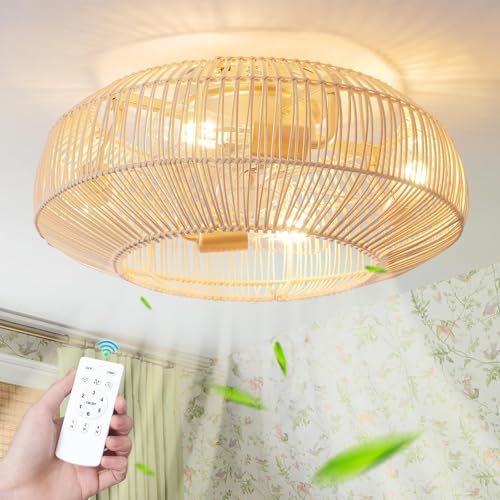 20'' Boho Rattan Ceiling Fan with Light, Coastal Caged Ceiling