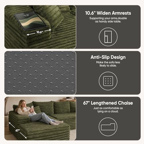 Image of 2 inch Corduroy Boneless Couches for Living Room, L Shape Sofa with Chaise | 102.4 inch Modular Sectional Sofa, Cloud Couch Sectional with Deep Seat, No Assembly, Green, Left Chaise