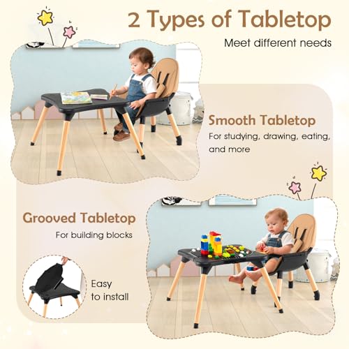 Image of GLACER High Chair, 6-in-1 Convertible Wooden High Chairs for Babies and Toddlers w /Building Block Table, 5-Point Safety Harness, Removable Tray, PU Cushioned Baby High Chair for 6-36 Months (Coffee)