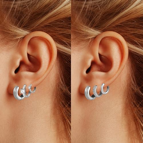 Wgoud Small Gold Hoop Earrings Set for Women, 6 Pairs 14K Gold Plated Hypoallergenic Lightweight Huggie Hoops Earrings, Trendy Cartilage Cubic Zirconia Earrings for Women Gifts. (C-Silver hoops) by wgoud - Image 4