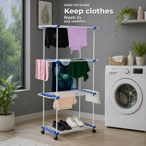 Image of FLIPZON Premium 3 Tier Flexri Cloth Drying Stand with Wheels | Alloy Steel Laundry Rack for Indoor & Outdoor Use | Heavy Duty Multi Layer Stand for Family Laundry (Blue & White)